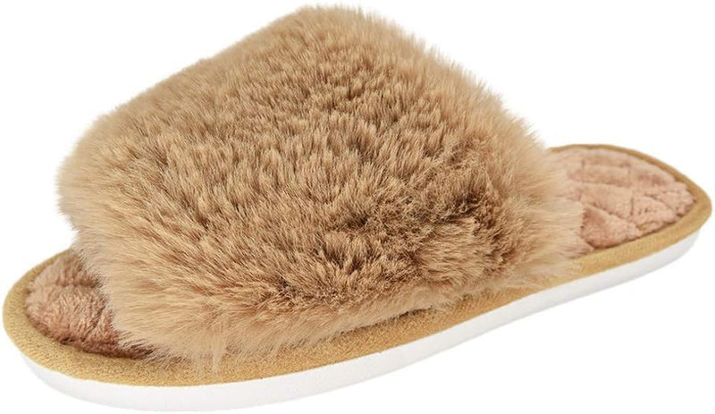 Women'S Fuzzy Fur Flat Slippers Soft Open Toe  Memory Foam Slides for Girls Men Indoor Outdoor