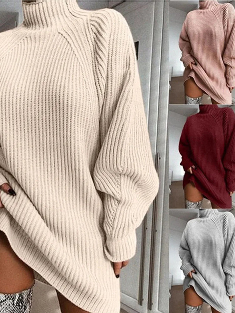 Winter Turtleneck Oversized Knitted Dress- Autumn Solid Long Sleeve Casual Elegant Mini Sweater 