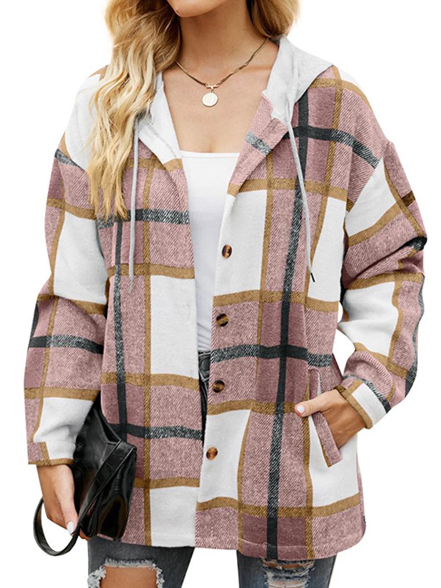 Flannel Shirts for Women Button down Plaid  Hooded Shacket Jacket with Pocket