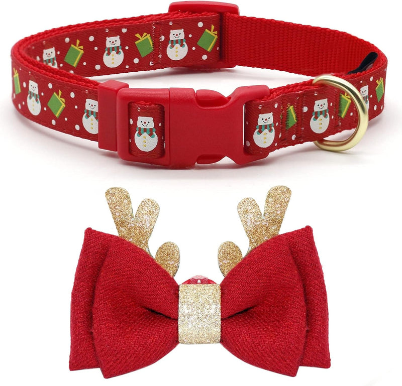 Christmas Dog Collar | Adjustable Holiday Dog Collar with Antler Bow Tie & Snowman Accessories | Perfect for Medium Dogs