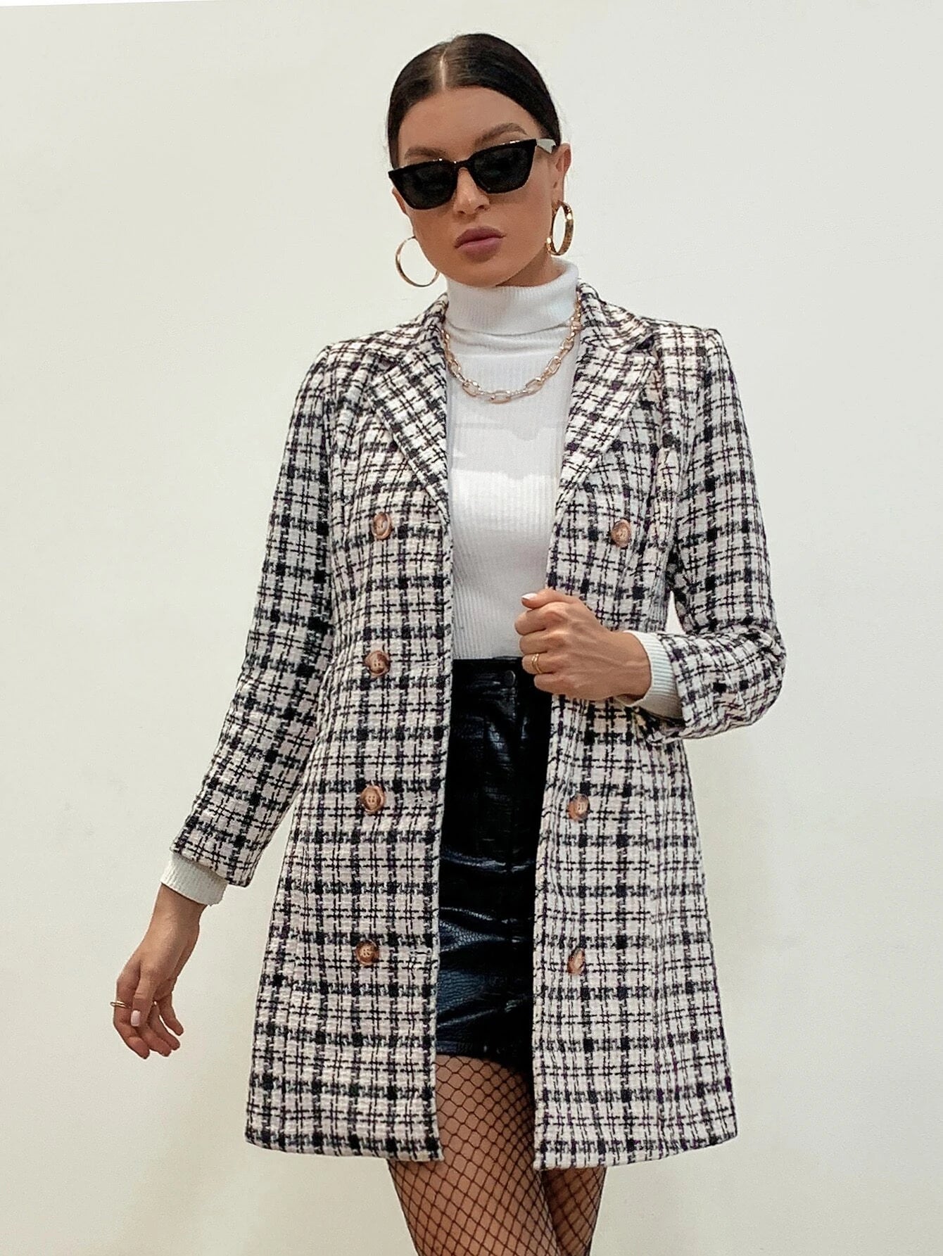 SHEIN Modichic Plaid Pattern Double Breasted Tweed Overcoat Workwear