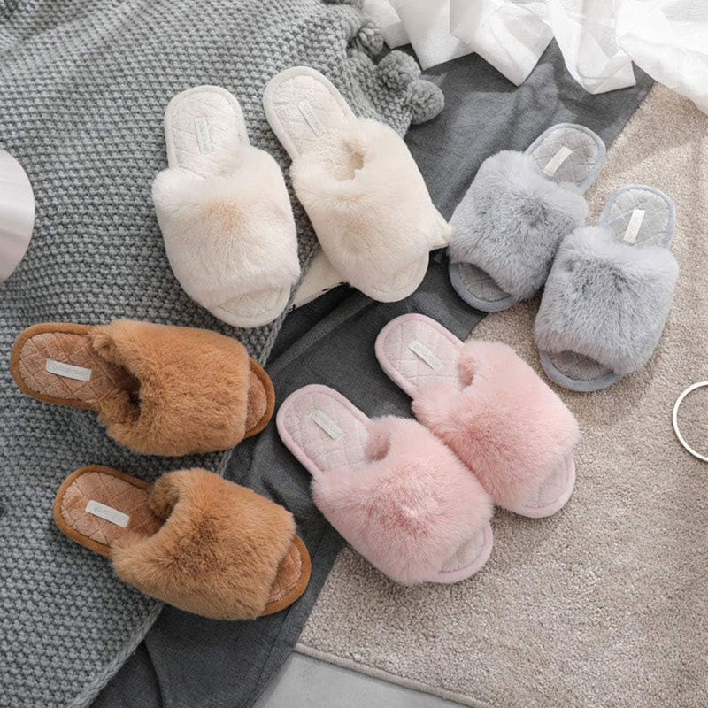 Women'S Fuzzy Fur Flat Slippers Soft Open Toe  Memory Foam Slides for Girls Men Indoor Outdoor