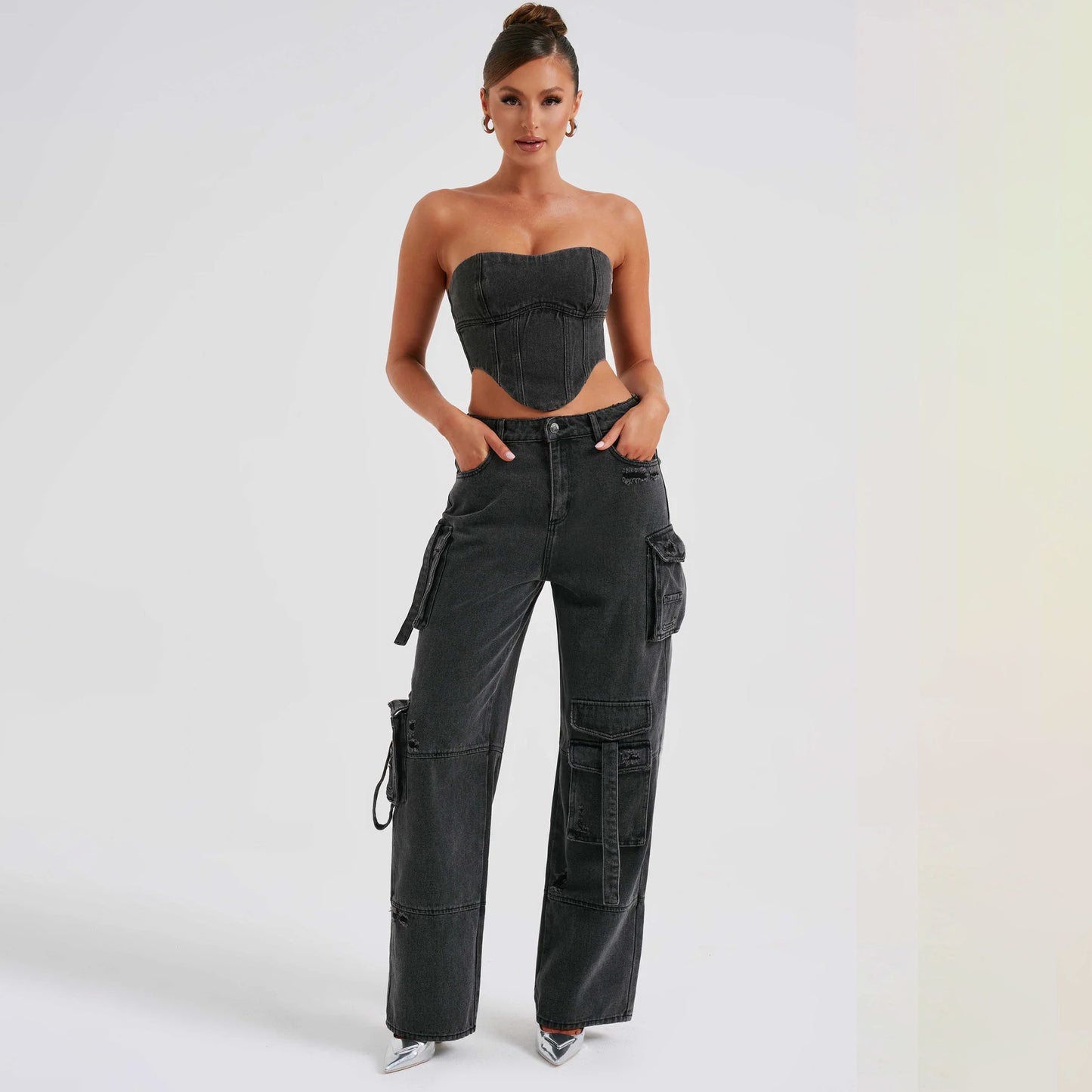 Women's Low Waist Suit with Three-Dimensional Tube Top and Pocket Stitching Jeans