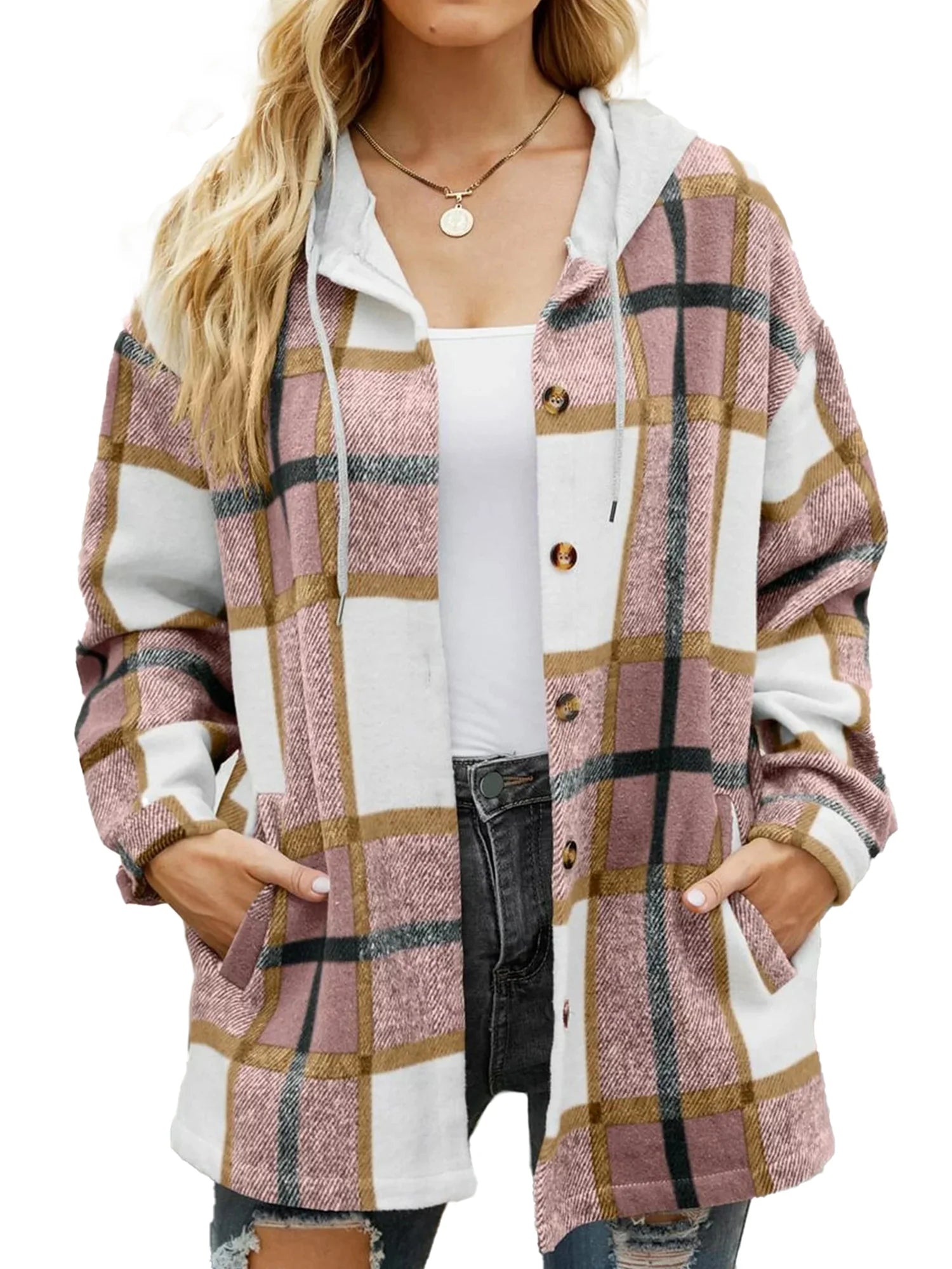 Flannel Shirts for Women Button down Plaid  Hooded Shacket Jacket with Pocket