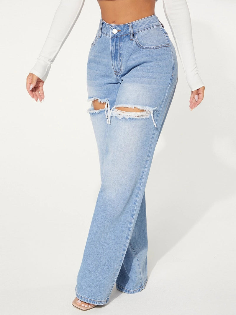 SHEIN SXY Single Button Cut Out Ripped Frayed Wide Leg Jeans