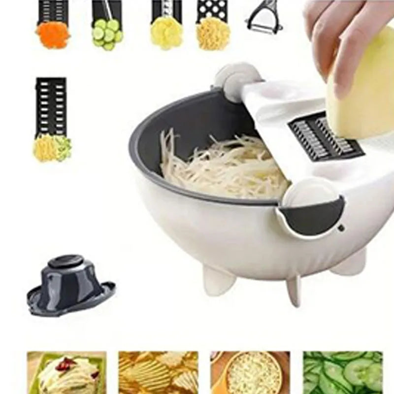 Multi- functional vegetable cutter with drain basket 9 in One fruit shredder, grater slicer