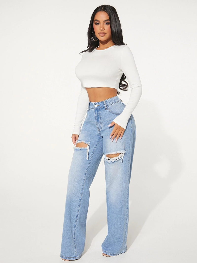 SHEIN SXY Single Button Cut Out Ripped Frayed Wide Leg Jeans