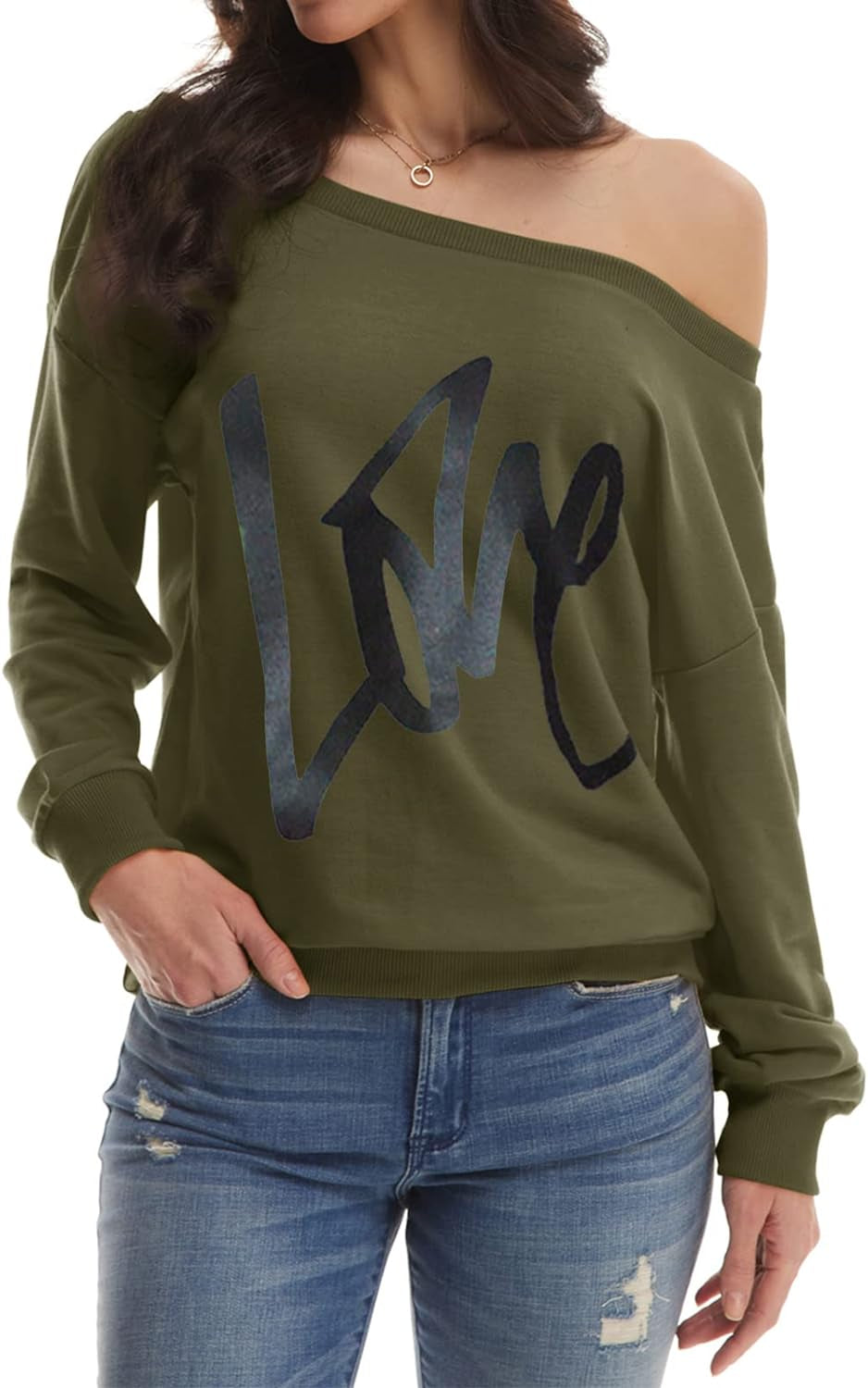 Women's Oversized Off-Shoulder Sweatshirt: Love Letter Print Loose Slouchy Pullover Top (Army Green, Size M)