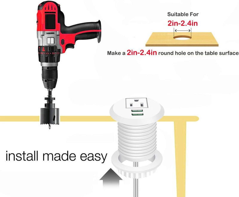 Desktop Power Grommet,  Outlet 2 Inch  with USB, Easy Access to 1 Power Source along with 2 USB Power Port Connections(White)