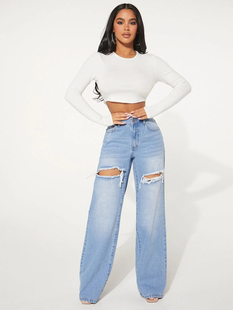 SHEIN SXY Single Button Cut Out Ripped Frayed Wide Leg Jeans