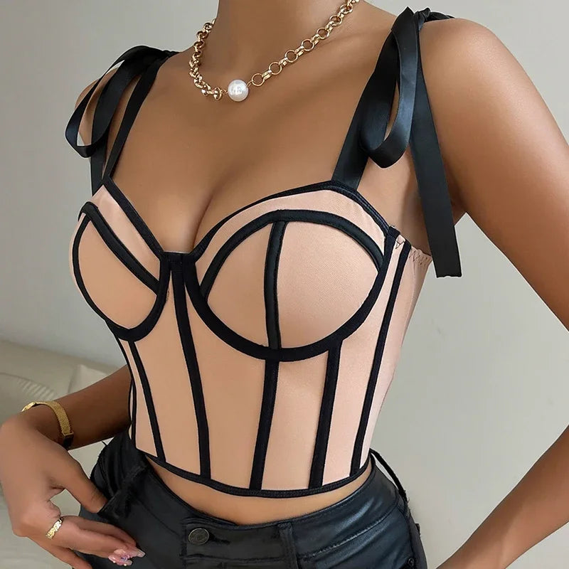 Women's Lace-Up Straps Crop Top - Patchwork Stripe Exposed Navel Tank for Summer 2024 Beach and Streetwear