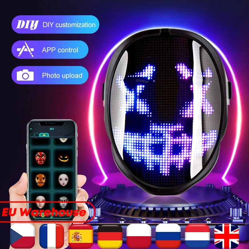 Halloween LED Display Programmable Mask: Bluetooth RGB Light up Party DIY Photo Editing Animated 