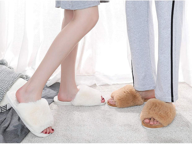 Women'S Fuzzy Fur Flat Slippers Soft Open Toe  Memory Foam Slides for Girls Men Indoor Outdoor