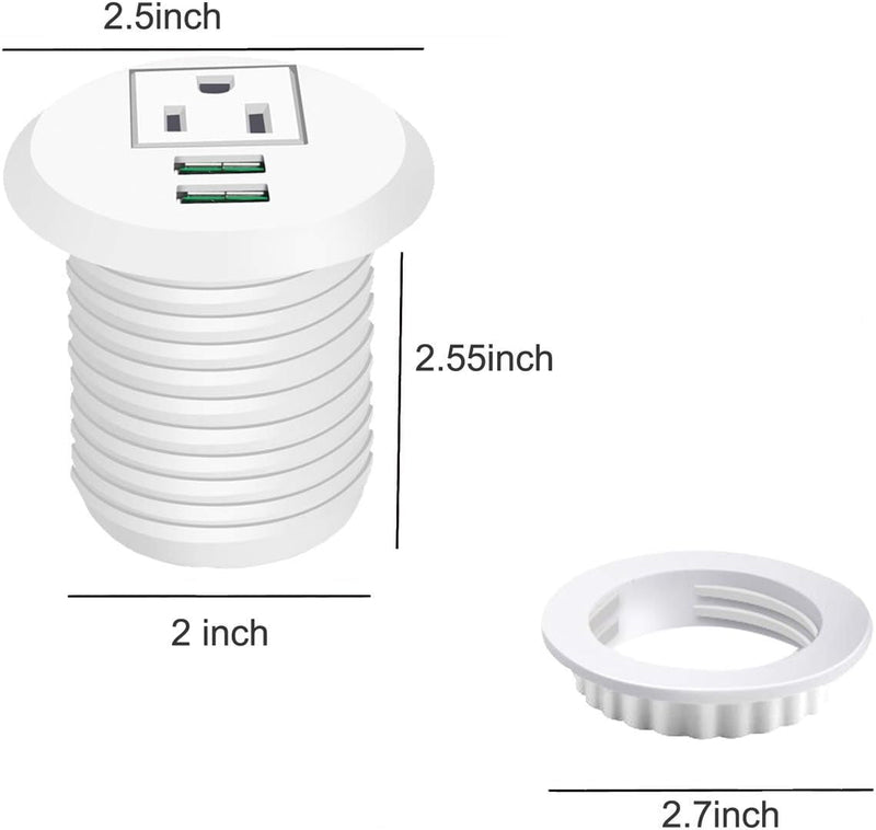 Desktop Power Grommet,  Outlet 2 Inch  with USB, Easy Access to 1 Power Source along with 2 USB Power Port Connections(White)