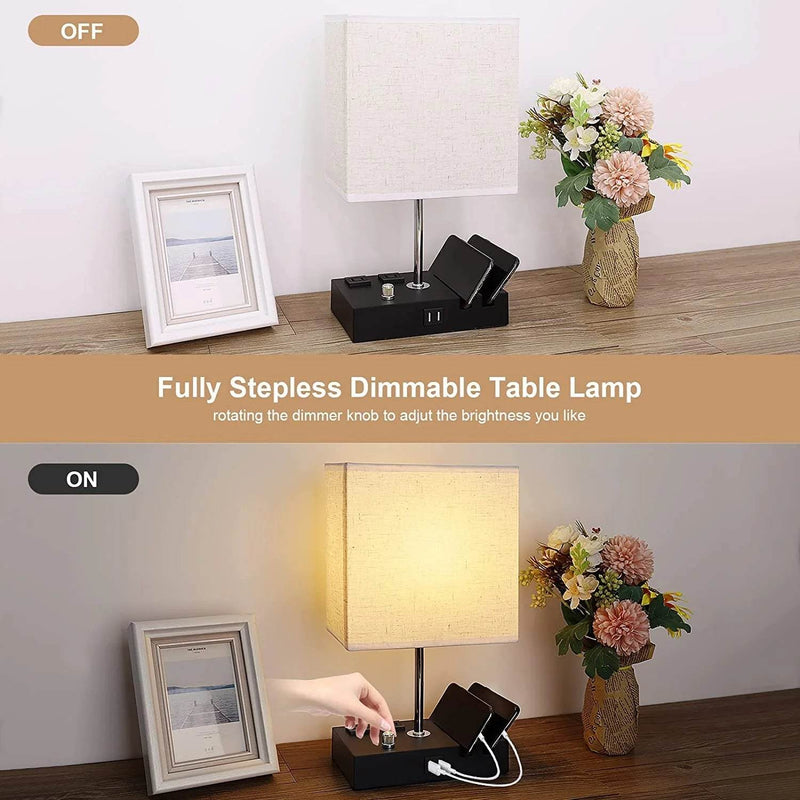 Bedside Table Lamp for Bedroom with Dual Fast USB Charging Ports, Fully Dimmable Nightstand Lamps with 2 Phone Stands and 2 Charging Outlets, Desk Lamp with Fabric Shade for Living Room