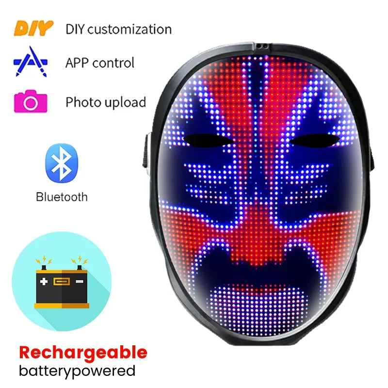 Halloween LED Display Programmable Mask: Bluetooth RGB Light up Party DIY Photo Editing Animated 