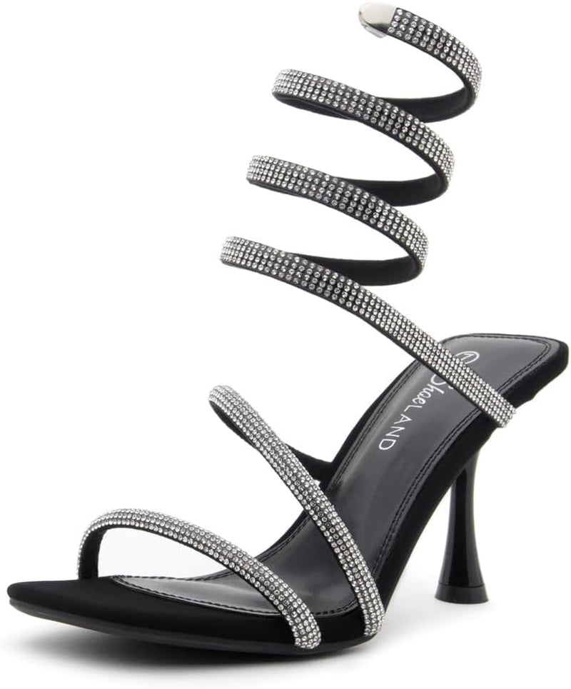 Charming2 Women's Rhinestone Heeled Sandals: Open Toe High Stilettos with Spiral Ankle Wrap Strap, Available in Black, Gold, and Silver—Perfect Dress Shoes for Parties, Weddings, and Prom.