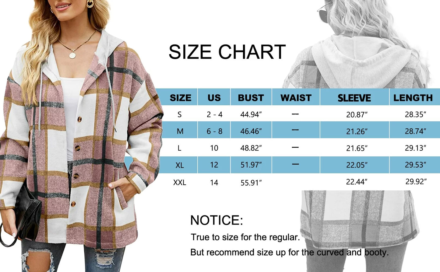 Flannel Shirts for Women Button down Plaid  Hooded Shacket Jacket with Pocket