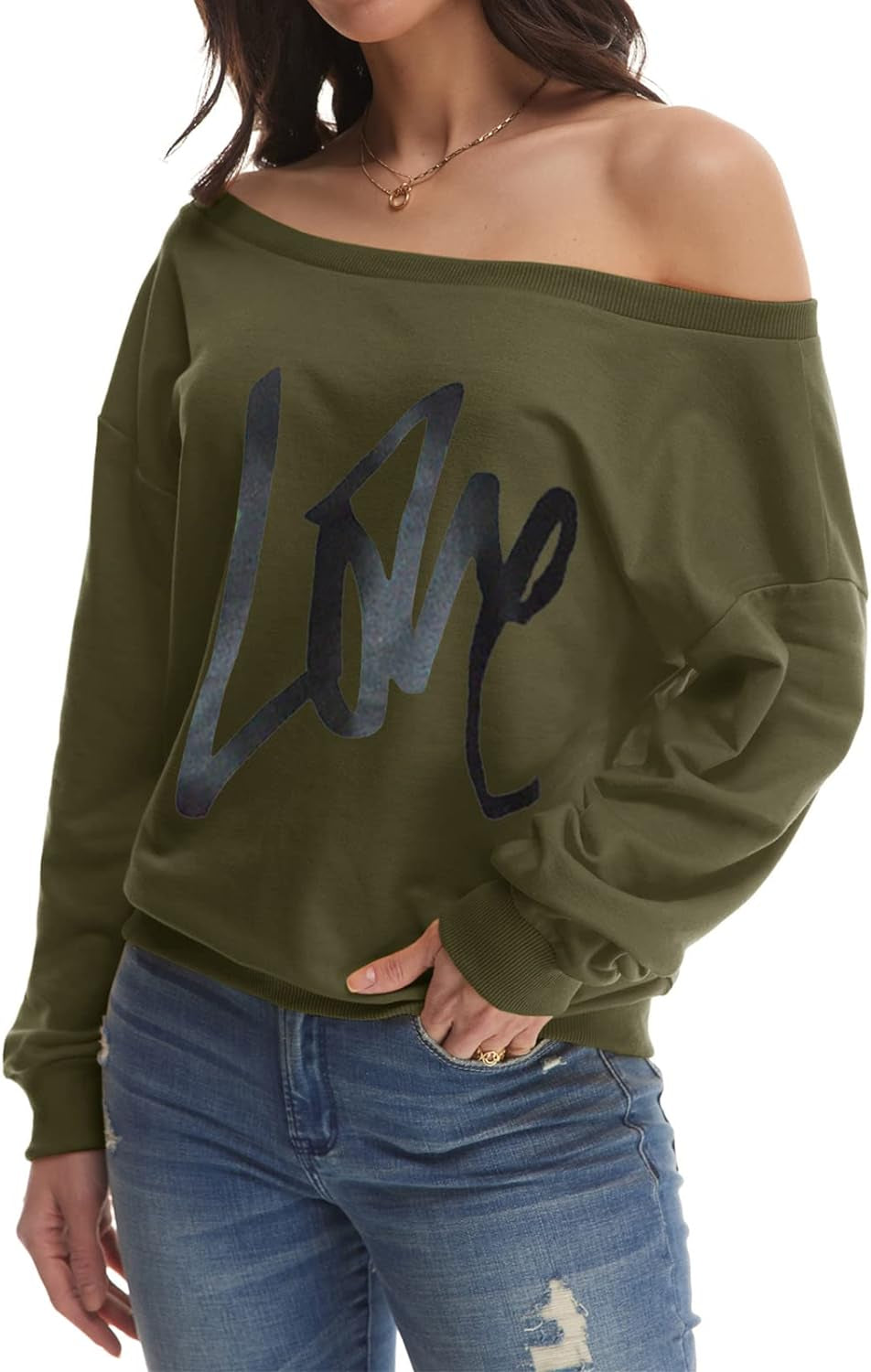 Women's Oversized Off-Shoulder Sweatshirt: Love Letter Print Loose Slouchy Pullover Top (Army Green, Size M)