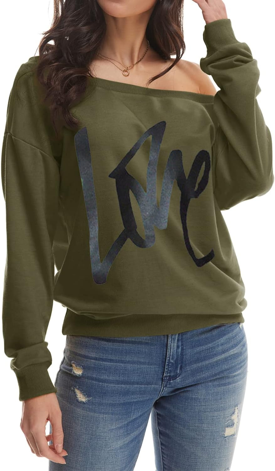 Women's Oversized Off-Shoulder Sweatshirt: Love Letter Print Loose Slouchy Pullover Top (Army Green, Size M)