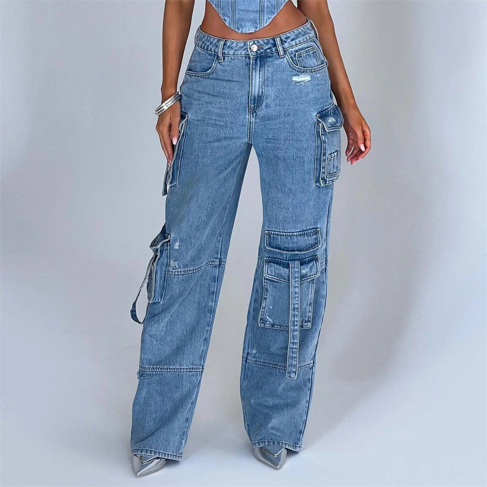 Women's Low Waist Suit with Three-Dimensional Tube Top and Pocket Stitching Jeans