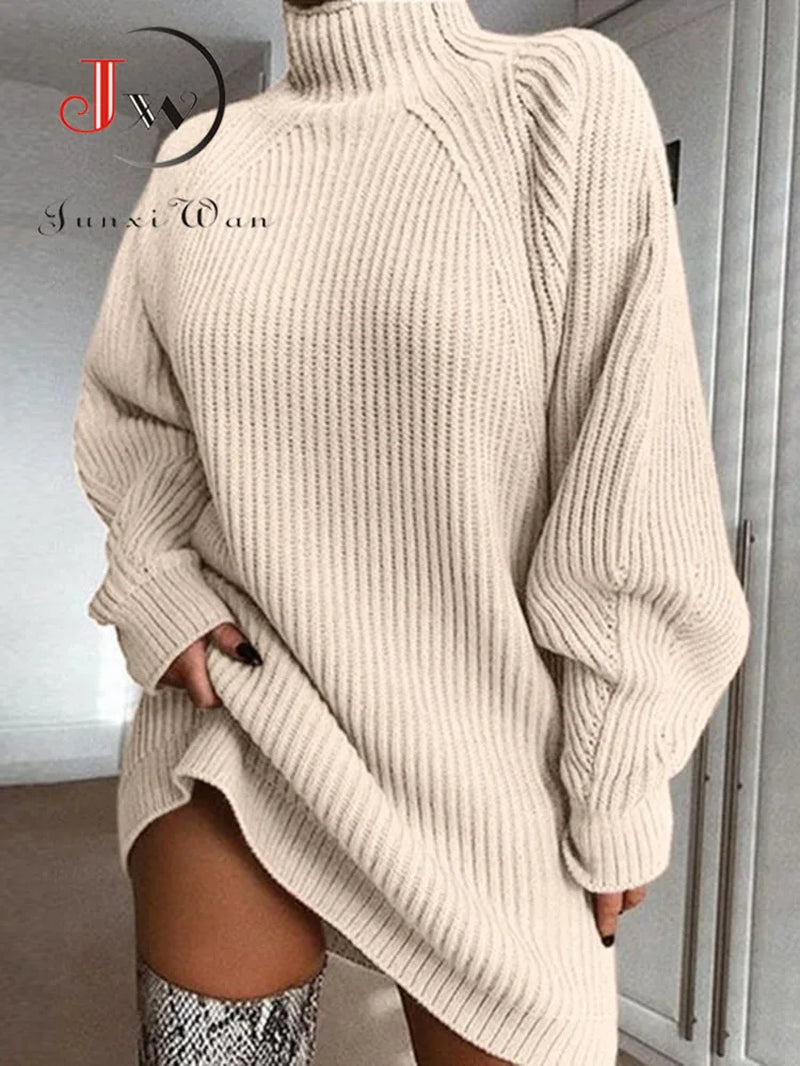 Winter Turtleneck Oversized Knitted Dress- Autumn Solid Long Sleeve Casual Elegant Mini Sweater 