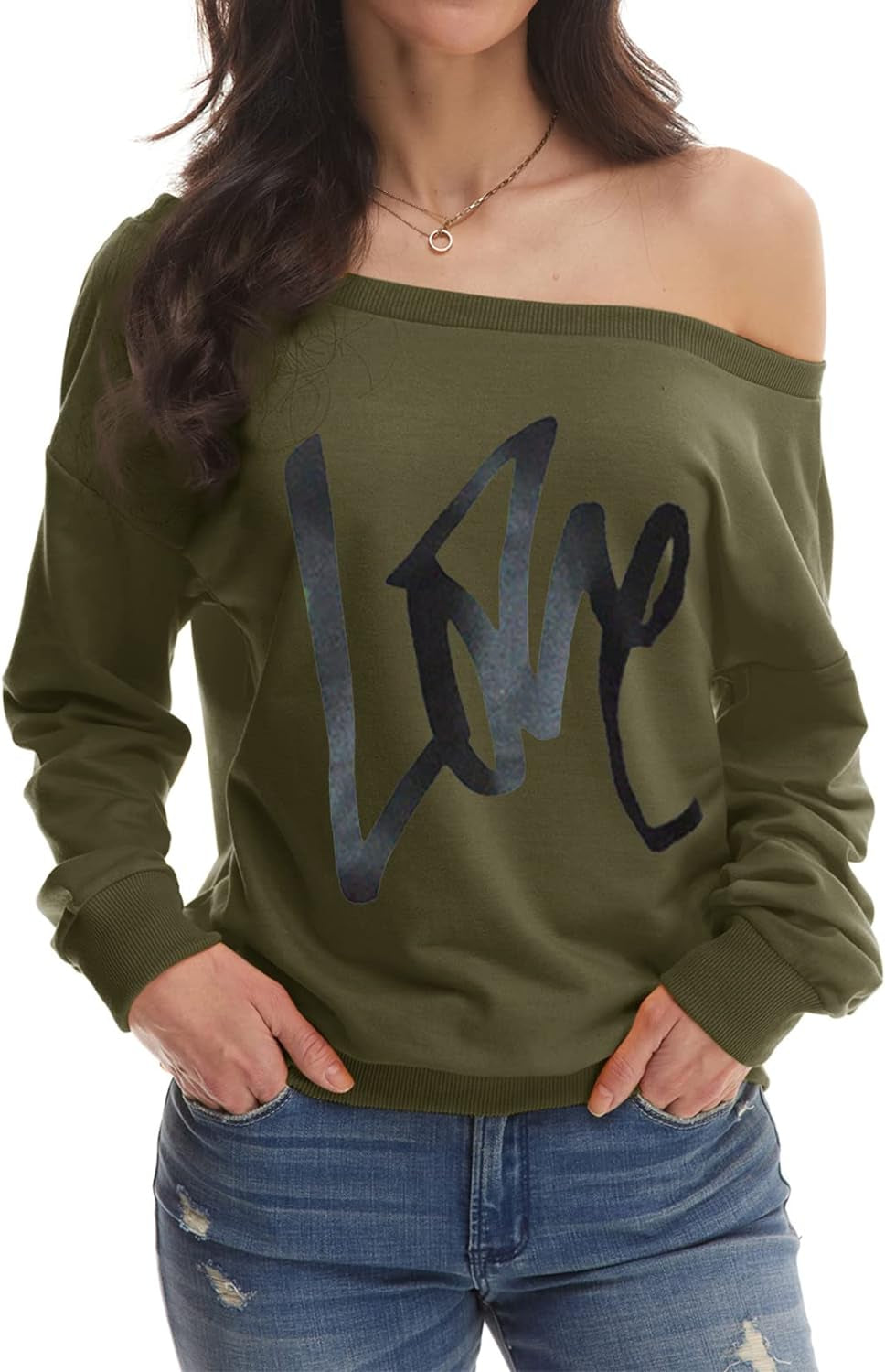 Women's Oversized Off-Shoulder Sweatshirt: Love Letter Print Loose Slouchy Pullover Top (Army Green, Size M)