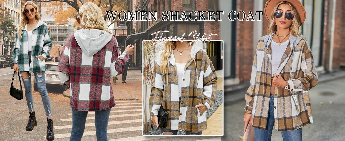 Flannel Shirts for Women Button down Plaid  Hooded Shacket Jacket with Pocket