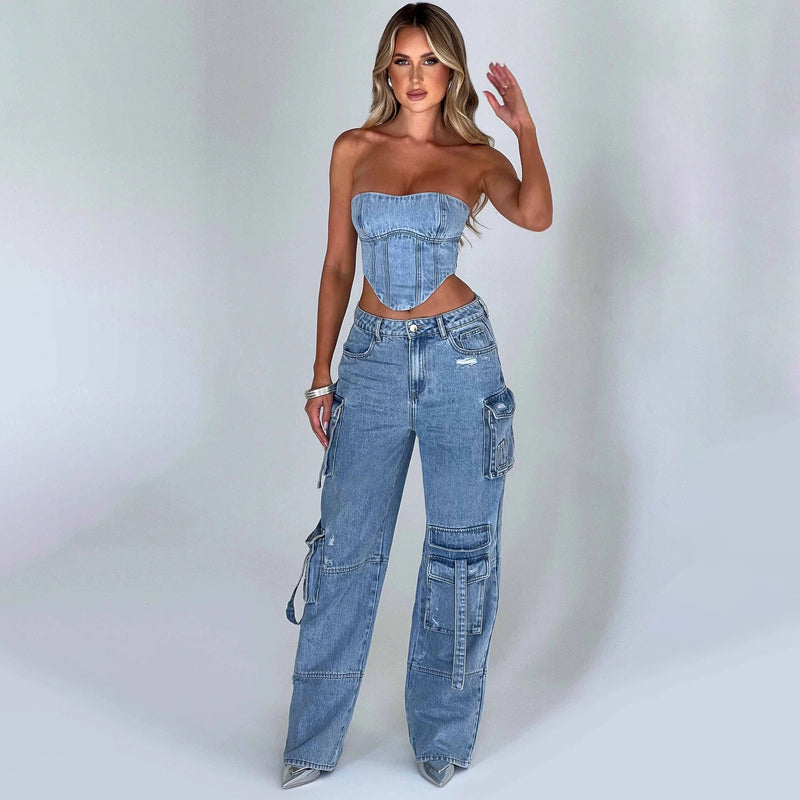 Women's Low Waist Suit with Three-Dimensional Tube Top and Pocket Stitching Jeans