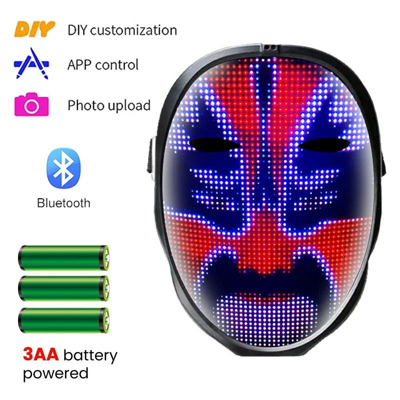 Halloween LED Display Programmable Mask: Bluetooth RGB Light up Party DIY Photo Editing Animated 