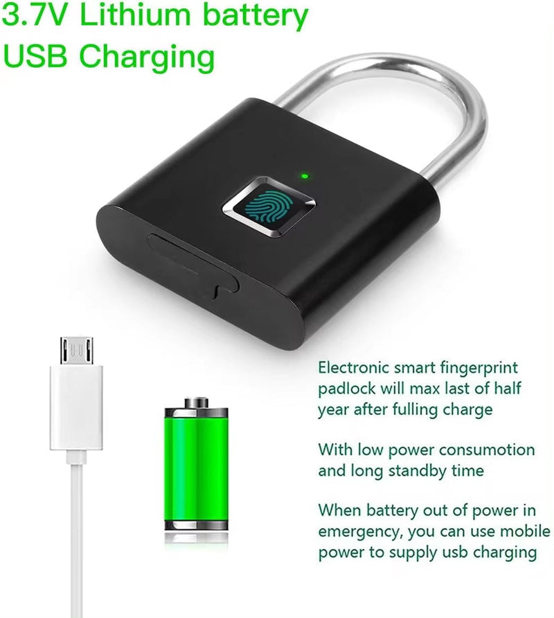 Portable Fingerprint Padlock USB Rechargeable Lithium Battery Water