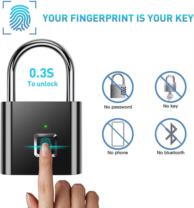 Portable Fingerprint Padlock USB Rechargeable Lithium Battery Water