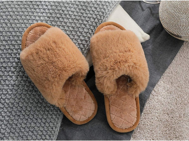 Women'S Fuzzy Fur Flat Slippers Soft Open Toe  Memory Foam Slides for Girls Men Indoor Outdoor