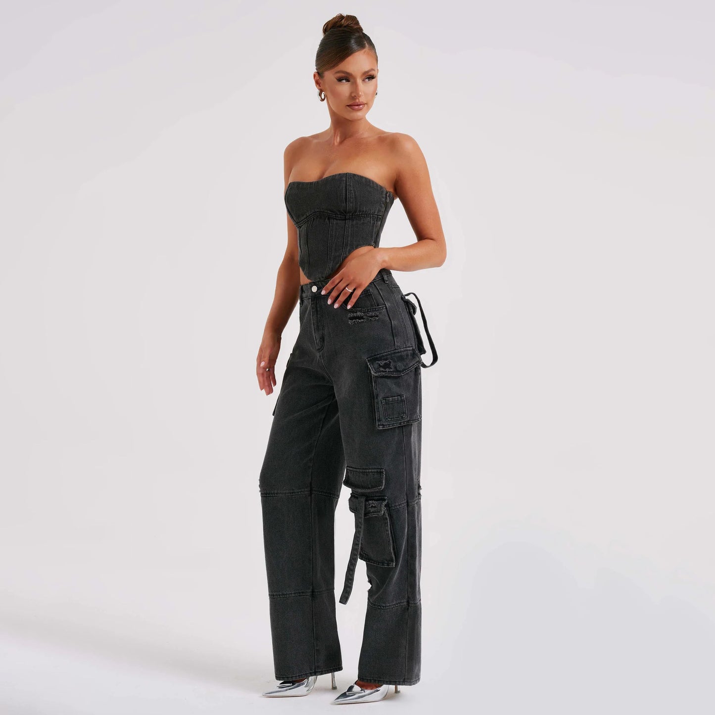 Women's Low Waist Suit with Three-Dimensional Tube Top and Pocket Stitching Jeans