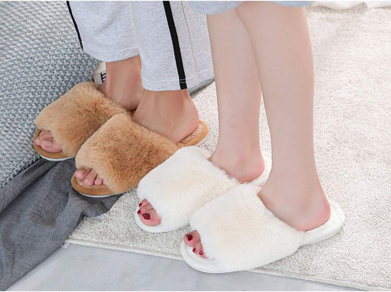 Women'S Fuzzy Fur Flat Slippers Soft Open Toe  Memory Foam Slides for Girls Men Indoor Outdoor