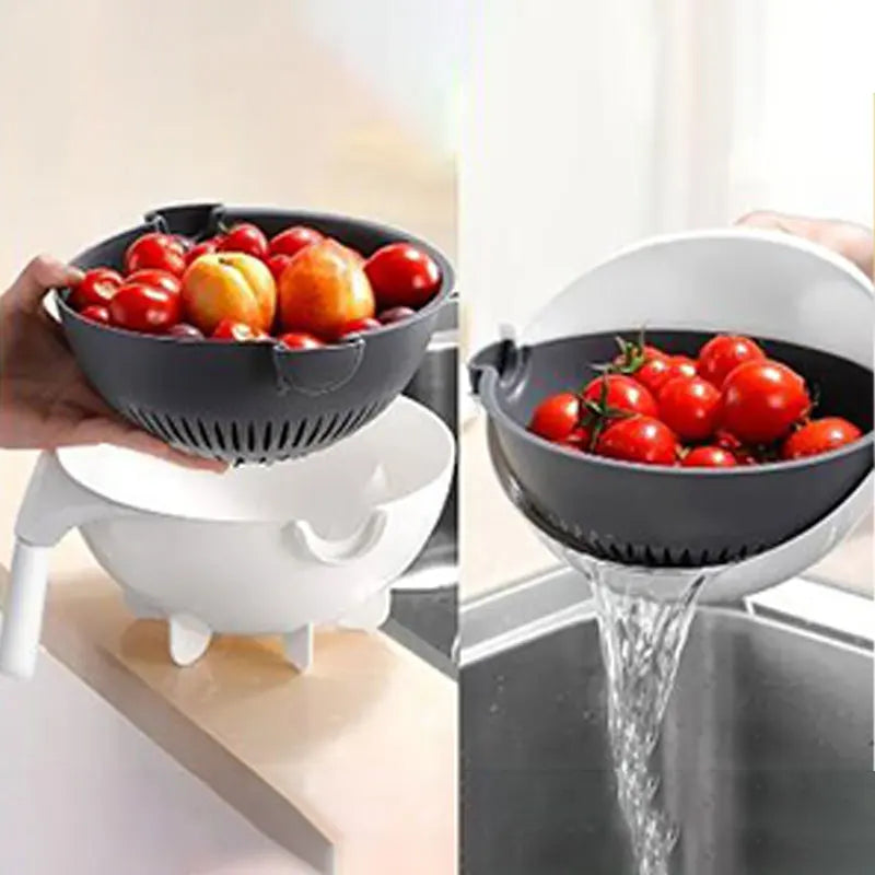 Multi- functional vegetable cutter with drain basket 9 in One fruit shredder, grater slicer