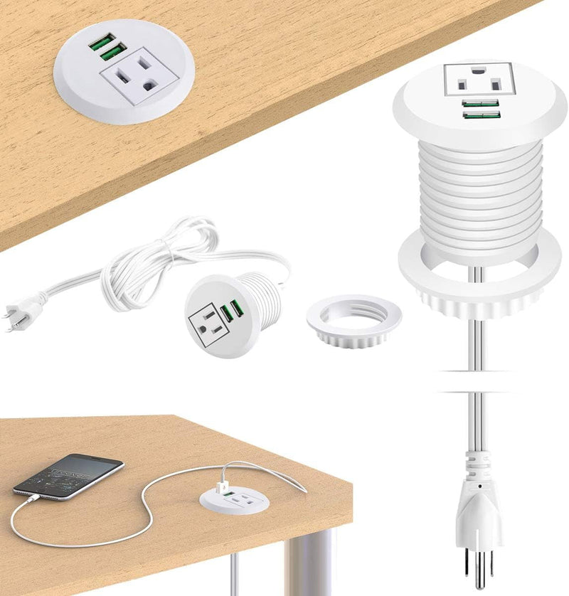 Desktop Power Grommet,  Outlet 2 Inch  with USB, Easy Access to 1 Power Source along with 2 USB Power Port Connections(White)