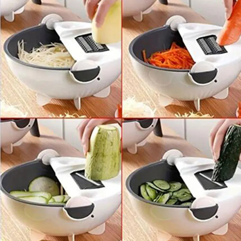 Multi- functional vegetable cutter with drain basket 9 in One fruit shredder, grater slicer