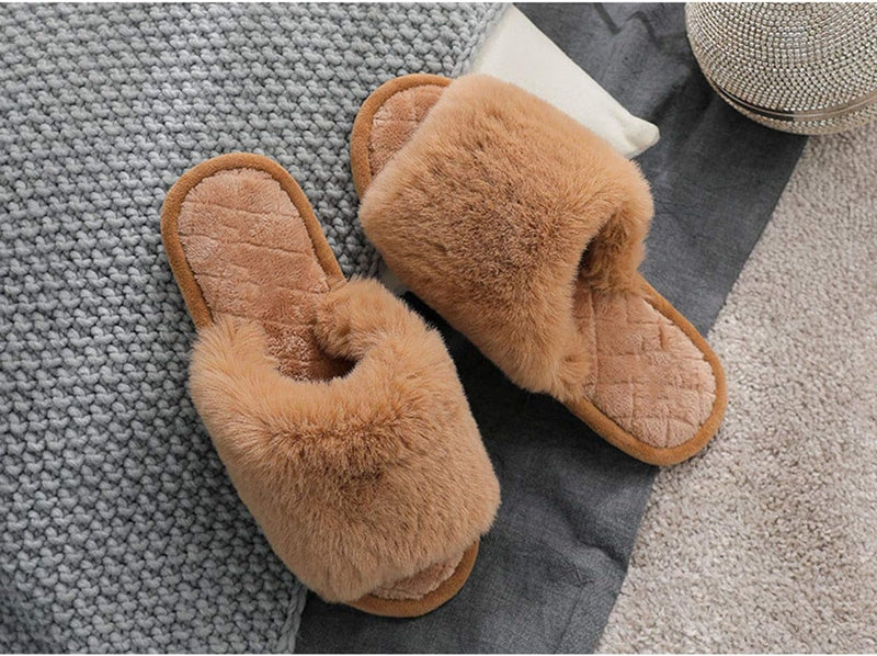 Women'S Fuzzy Fur Flat Slippers Soft Open Toe  Memory Foam Slides for Girls Men Indoor Outdoor