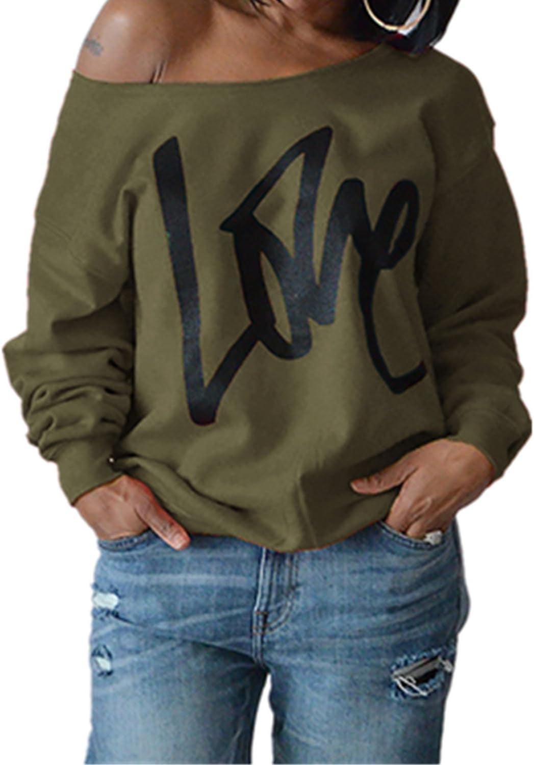 Women's Oversized Off-Shoulder Sweatshirt: Love Letter Print Loose Slouchy Pullover Top (Army Green, Size M)