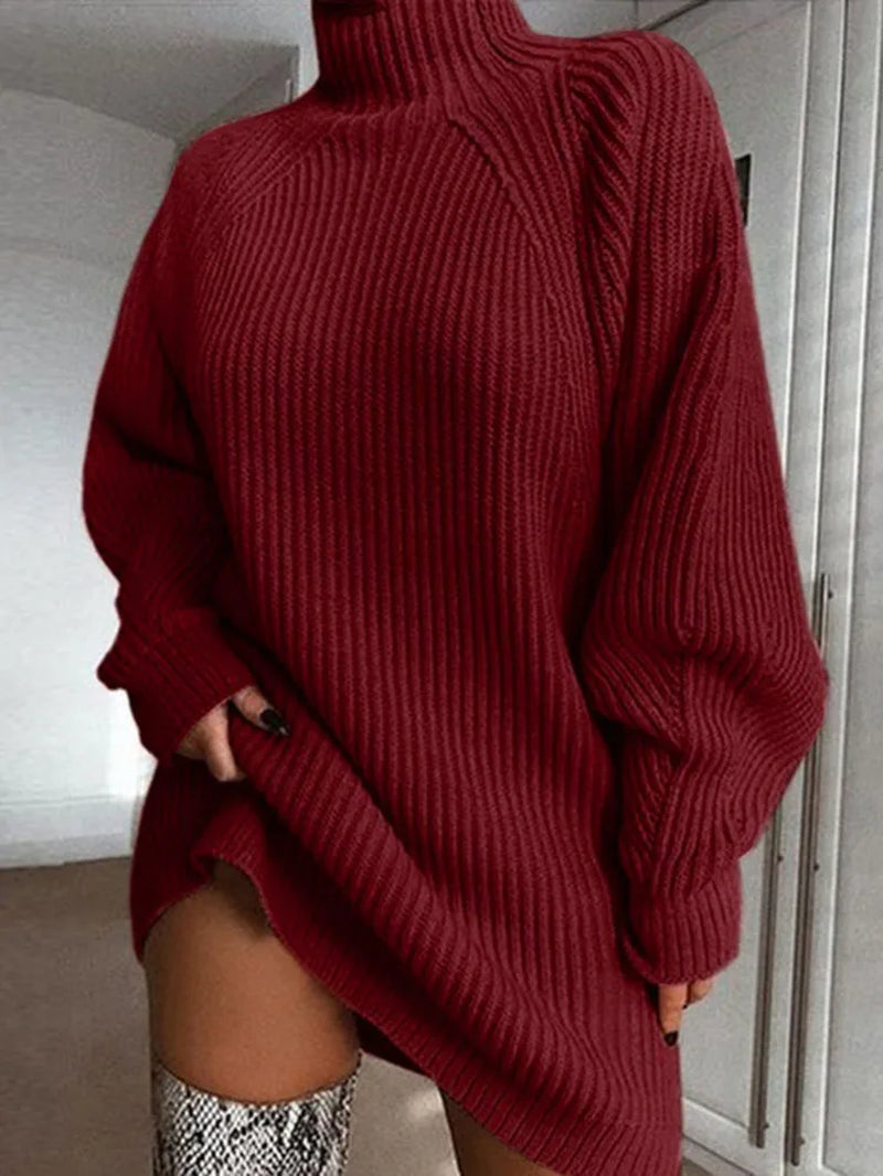 Winter Turtleneck Oversized Knitted Dress- Autumn Solid Long Sleeve Casual Elegant Mini Sweater 