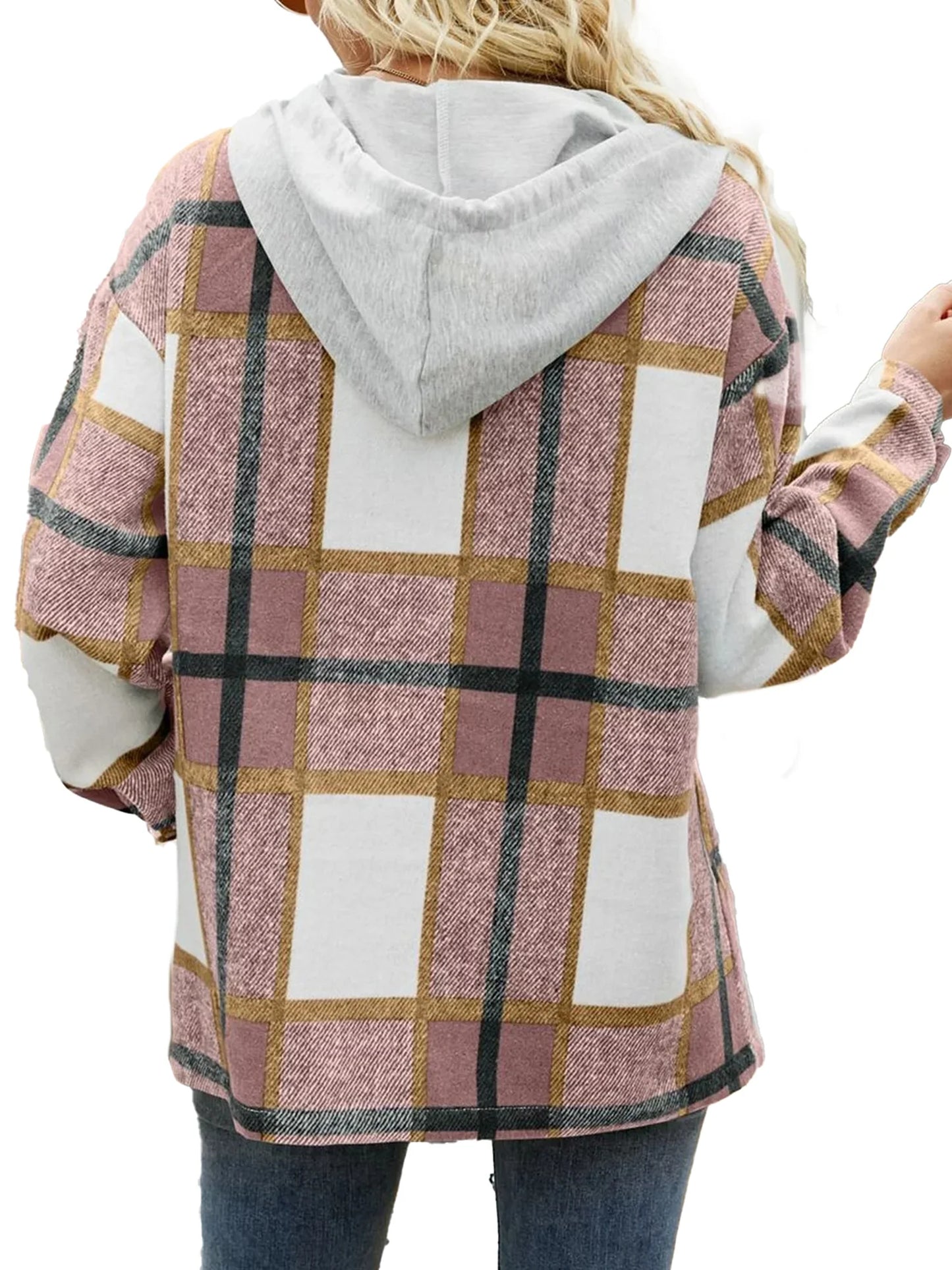 Flannel Shirts for Women Button down Plaid  Hooded Shacket Jacket with Pocket