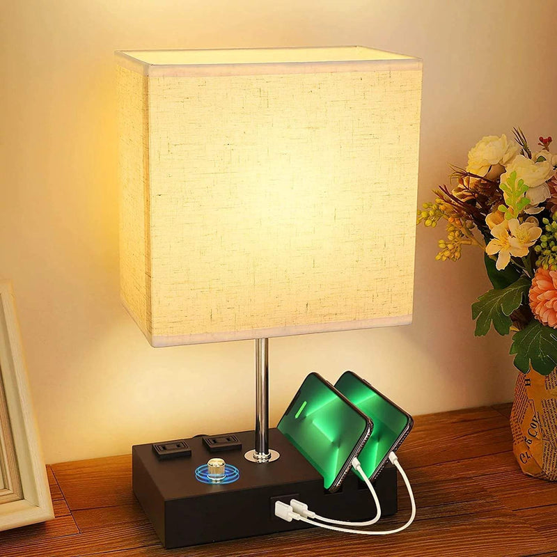 Bedside Table Lamp for Bedroom with Dual Fast USB Charging Ports, Fully Dimmable Nightstand Lamps with 2 Phone Stands and 2 Charging Outlets, Desk Lamp with Fabric Shade for Living Room