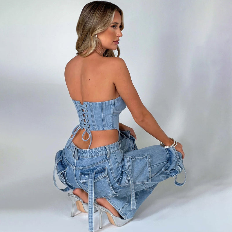 Women's Low Waist Suit with Three-Dimensional Tube Top and Pocket Stitching Jeans