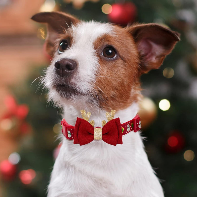 Christmas Dog Collar | Adjustable Holiday Dog Collar with Antler Bow Tie & Snowman Accessories | Perfect for Medium Dogs